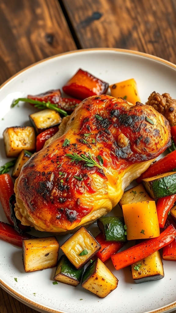 Juicy Two-Piece Set Recipe Juicy chicken thigh with roasted vegetables on a plate, garnished with herbs.
